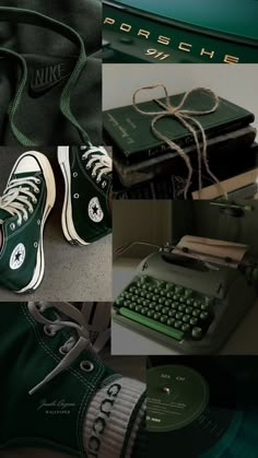 a collage of photos with green sneakers and old typewriter