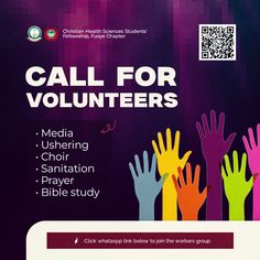 a poster with colorful hands and the words call for volunteers on it's back