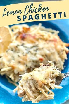 A fork of chicken and melted cheese in front of a blue plate full of spaghetti, shredded chicken and cheese. Butter Chicken