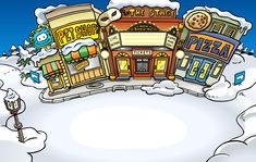 an image of a cartoon town in the snow with buildings and shops all around it