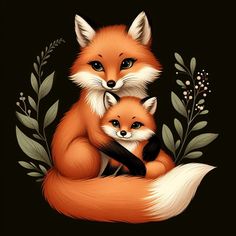 two foxes are sitting next to each other on a black background with leaves and berries