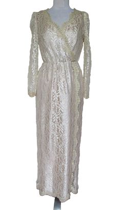 Vintage 70s JCPenney Maxi Dress S/M Women Beige Lace Boho Prairie Wedding Retro V-neck Wedding Dress, Beige Long Sleeve Dress For Wedding Night, Vintage V-neck Dresses For Vintage Events, Vintage V-neck Dress For Vintage Events, Elegant Cream Vintage Floor-length Dress, Elegant Cream Floor-length Vintage Dress, Spring Wedding Vintage Dress With V-neck, Elegant V-neck Vintage Wedding Dress, Cream Vintage Dress For Wedding