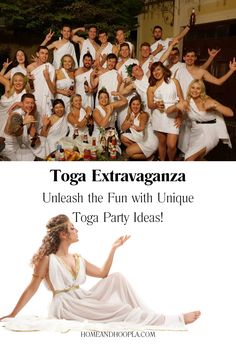 a group of women in white dresses posing for a photo with the caption yoga extraganza unleash the fun with unique toga party ideas