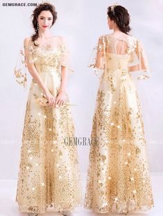 Gold A-line Evening Dress For Prom Season, Spring Wedding Gold Gown, Gold A-line Party Dress, Gold A-line Dress For Party, Full Length Summer Dress For Banquets, Full Length Summer Banquet Dress, Full Length Summer Dress For Banquet, Full-length Summer Dress For Banquet, Champagne A-line Gown For Party