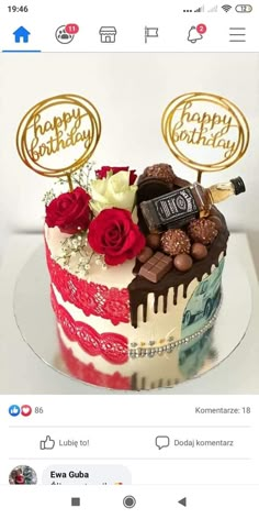 a birthday cake decorated with flowers and chocolates