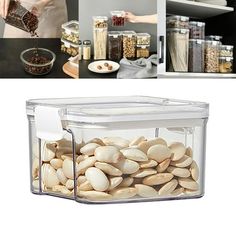 an image of food storage containers with nuts in them and two pictures of the same container