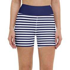 Berry Jane Women's Mid-thigh Swim Shorts. These cute, timeless nautical stripe swim shorts are a perfect coverup for SUP paddle boarding, swimming, or lounging. These shorts offer UPF 30+ Sun protection with a high-waisted, mid-thigh length. The slimming effect keeps you looking great while enjoying the salt air and sunshine! Details: High waist (sits at the natural waist) Wide waistband Inseam length 4 3/4" (Size S) For more fit and sizing info, check out our size chart Features: 82% polyester, Sup Paddle, Salt Air, Bralette Tops, Paddle Boarding, Wide Waistband, Rash Guard, Navy White, Swim Shorts, Sun Protection