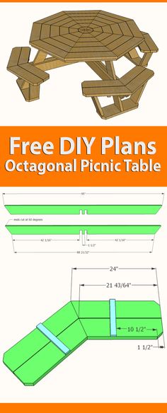 the plans for an octagonal picnic table are shown in three different colors and sizes