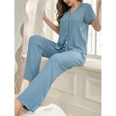 -Item Id 27476855 -Color: Dusty Blue -Style: Casual-Woman -Pattern Type: Plain -Type: Pant Sets -Neckline: V Neck -Details: Button Front -Sleeve Length: Short Sleeve -Sleeve Type: Regular Sleeve -Fit Type: Loose -Waist Line: Natural -Number Of Pieces: 2 Piece Set -Pants & Tops Material: Knitted Fabric -Pants & Tops Composition: 99% Polyester, 1% Elastane -Fabric: Non-Stretch -Care Instructions: Machine Wash, Do Not Dry Clean -Sheer: No **Open To Offers!!!** **Bundle To Save More** **30% Off Bund Comfortable Blue Cotton Set, Casual Light Blue Pajama Party Sets, Casual Blue Sleep Sets, Blue Sets For Relaxation In Spring, Comfortable Blue Sleepwear For Spring, Casual V-neck Sets For Pajama Party, Casual V-neck Pajama Party Set, Casual Light Blue Sleepwear For Loungewear, Light Blue Casual Sleepwear For Loungewear