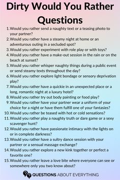 dirty would you rather questions Would You Rather Couple Questions, Would U Rather Questions Dirty, Would You Rather Questions Juicy, Dirty Questions To Ask Your Girlfriend, Juicy Would You Rather Questions, Dirty Questions To Ask A Guy, Dirty Questions To Ask Your Boyfriend, Dirty Questions