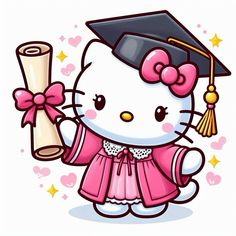 a hello kitty holding a diploma and wearing a pink dress