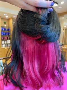 Peeks Boo Hair, Hot Pink Peek A Boo Hair, Hot Pink Peak A Boo Hair, Blue And Pink Peekaboo Hair, Neon Pink Underneath Hair, Pink Hair Peak A Boo, Peak A Boo Pink Hair, Black Hair With Pink Peekaboos, Pink Under Black Hair