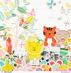 an assortment of paper cut outs with animals and flowers on them, including a tree