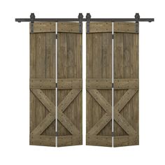 two wooden sliding doors with metal bars on each side