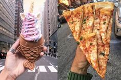 a person holding up two slices of pizza and an ice cream cone with sprinkles