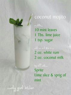 coconut mojito recipe in a tall glass with mint garnish on top