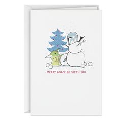 a christmas card with a snowman and a star wars character next to a tree