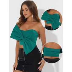 Women's cropped bandeau top with sleeveless, a front large bow, and a sweetheart neck design, is a perfect choice for a boldly feminine and stylish look. The sweetheart neckline accentuates your curves, while the strapless design adds a touch of charm. The bow detail on the front adds a playful element to the overall aesthetic. Whether you're heading to a party or a night out on the town, these crop tops are sure to turn heads. Trendy and cute style, the bow tie strapless crop top paired with sk Spring Crop Top With Bow For Party, Spring Party Tube Top With Sweetheart Neckline, Sleeveless Bow Crop Top For Party, Sleeveless Crop Top With Bow For Party, Fitted Bow Crop Top, Summer Party Crop Top With Sweetheart Neckline, Chic Strapless Tops With Bow, Chic Cropped Bow Crop Top, Summer Party Cropped Tube Top