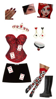 a woman's outfit and accessories are arranged in the shape of a heart, crown, playing card suits, earrings, bracelets, ring