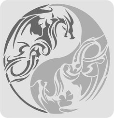 the yin yang symbol in black and white on a gray background with an intricate design