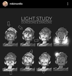 the character sheet for light study, which includes different facial expressions and head shapes in various poses