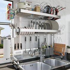 Adjustable 3-Tier Stainless Steel Over The Sink Dish Drying Rack - Wnkrs Above Sink Shelf, Over Sink Dish Drying Rack, Sink Dish Drying Rack, Organiser Cucina, Sink Drying Rack, Above Sink, Sink Dish Rack, Sink Shelf, Dish Drying Rack