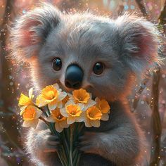 a painting of a koala bear holding flowers in it's paws and looking at the camera