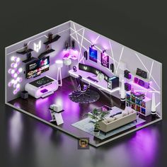 an aerial view of a living room with purple lighting on the walls and furniture in the center