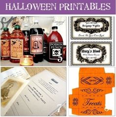 halloween printables are on display in this collage, including labels and envelopes