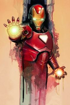 the iron man is standing in front of a wall with his hands out and glowing