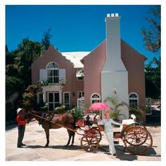 a woman standing next to a horse drawn carriage in front of a large pink house