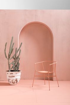 a pink room with a chair and a cactus in the corner, next to an arch