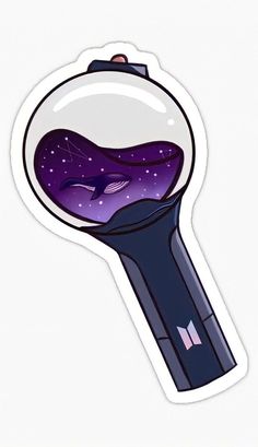 a sticker with an image of a magnifying glass filled with purple liquid