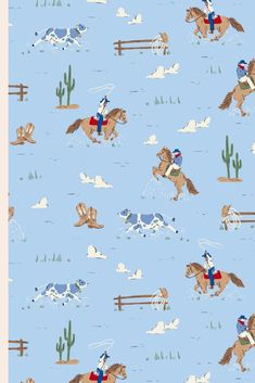 This adorable illustrated pattern by Krissy Mast Art features cowboys, cactuses, cows and more and is available for licensing. Christmas Wallpaper Phone, Cowboy Pattern, Illustrated Pattern, Cowboy Print, Cowboy Ranch, Conversational Prints, Dog Patterns, Toile Pattern, December 2nd