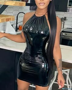 OrcaJump - Stunning Backless PU Leather Bodycon Halter Dress Backless Bodycon Dresses, Dress Sleeve Styles, Dress Crafts, Slim Fit Dresses, Black Bodycon Dress, Trendy Dresses, Black Fashion, Halter Dress