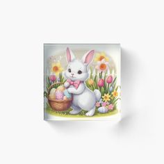 a white rabbit holding an easter basket with flowers acrylic print on it