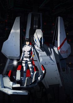 a sci - fi character standing in front of a futuristic fighter plane with red and white stripes