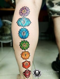 a person's leg with seven chakras on it