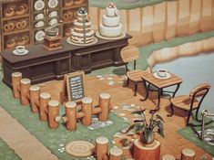 a painting of a table and chairs in front of a counter with cakes on it