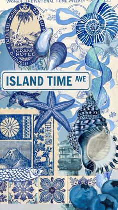 the cover of island time, featuring shells and seashells on blue watercolor paper