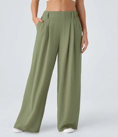 Discover Women’s High Waisted Plicated Side Pocket Wide Leg Flowy Solid Palazzo Casual Linen-Feel Pants at Halara, Crowd-Approved Affordable Choices Made For What Moves You. Cotton Casual Pants, Nosara, Wide Leg Palazzo Pants, Bleach Wash, Komplette Outfits, Fit N Flare Dress, Bottom Clothes, Cotton Pants, Side Pocket