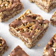 chocolate and oatmeal bars are arranged on a baking sheet