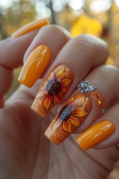 Nail Art Fall Designs, Fall Nails For A Wedding, September Gel Nail Ideas 2024, Gel Nail Designs Fall Colors, Nail Art Ideas For Fall, Fingernail Designs Fall, Autumn Sunflower Nails, Cute Fall Nail Designs Acrylics, New Fall Nail Designs