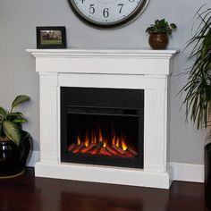 a white fireplace with a clock on the wall above it and potted plants next to it