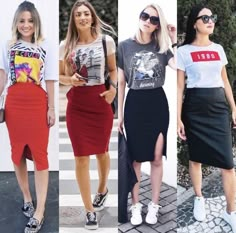 Pencil Skirt Outfits Casual, Edgy Work Outfits, Pencil Skirt Outfits, Mum Fashion, Skirt And Sneakers, Fashion Victim, Casual Work Outfits, Red Outfit