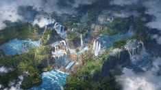 an aerial view of waterfalls and clouds in the blue ocean with trees on either side