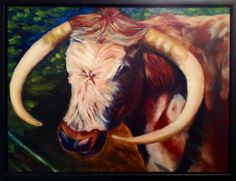 a painting of a bull with long horns