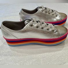 Steve Madden Platform Rainbow 751 Sneaker, 1.75-Inch Rainbow Platform. Textile Upper Lace Up Closure Cushioned Insole 1.75-Inch Heel Silver Platform Sneakers With Round Toe, Spring Closed Toe Platform Sneakers, Steve Madden Tennis Shoes, Steve Madden Platform Sneakers, Steve Madden Platform, Silver Platforms, White Platform Sneakers, Sneakers Multicolor, Steve Madden Sneakers