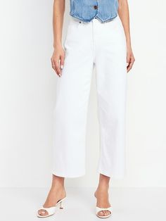 Extra High-Waisted Crop Wide-Leg Jeans | Old Navy Modern Cropped Bottoms For Work, Cropped White Bottoms With Pockets, White Utility Bottoms With Belt Loops, White Bottoms With Patch Pockets For Work, Chic Cropped Bottoms With Pockets, White Jeans For Workwear, Modern Bottoms With Button Closure, White Utility Jeans With Belt Loops, Modern Bottoms With Pockets For Spring