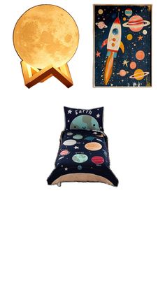 there is a bed with a space theme on it and an image of a rocket ship